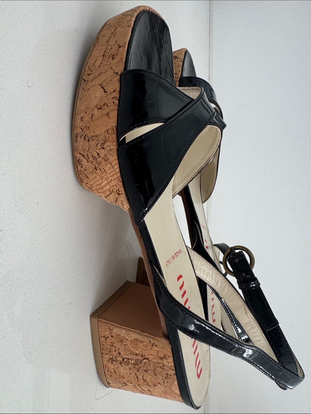 Miu Miu Black Patent Leather Cork Block Heel Sandals - Picture 3 of 7